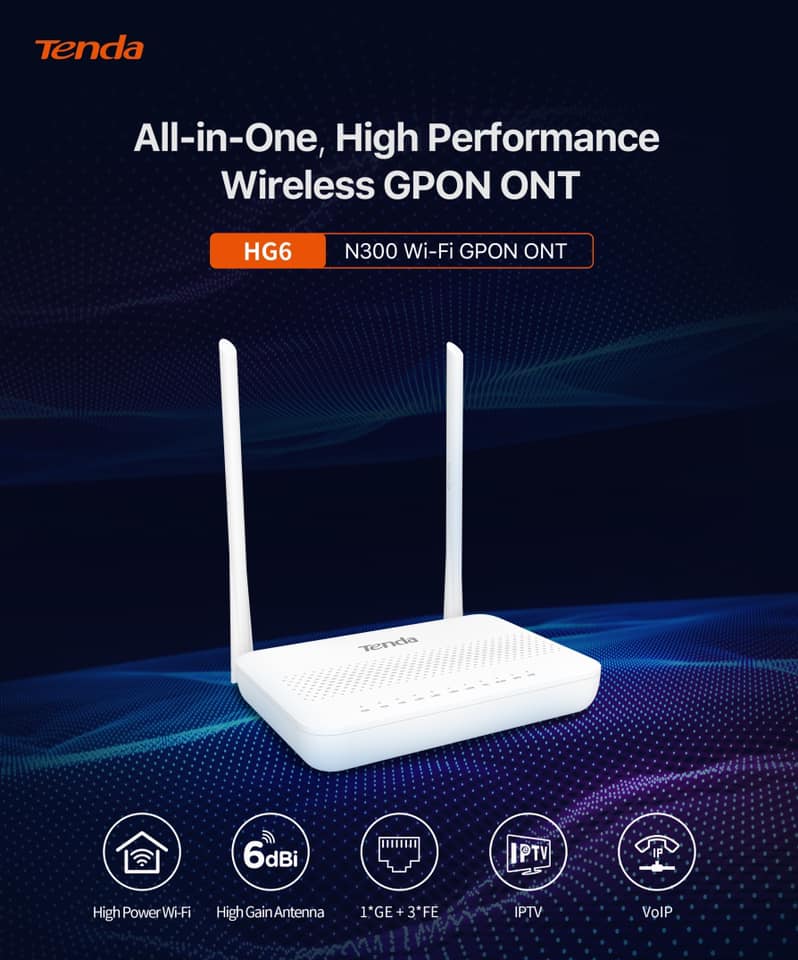152238831_1419719658390841_2706899826986461854_n Tenda HG6 N300 Wi‑Fi GPON ONT Router – Fiber FTTH Terminal with 300Mbps Wi‑Fi, 1×Gigabit & 3×Fast LAN, VoIP/IPTV Support - Image 1