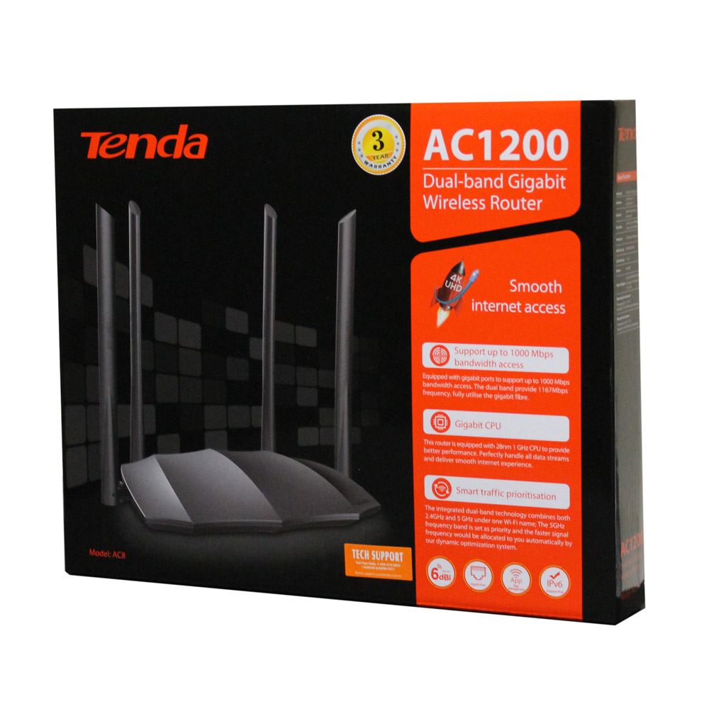 Tenda-AC8-AC1200-Dual-band-Gigabit-Wireless-Router0 Tenda AC8 AC1200 Dual‑Band Gigabit Wi‑Fi Router – Up to 1167Mbps, 4×6dBi Antennas, MU‑MIMO, Beamforming & Gigabit Ports - Image 1