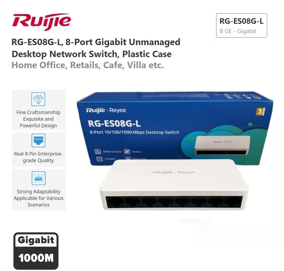 RUIJIE-RG-ES08G-L RUIJIE REYEE RG-ES08G (EU) – 8-PORT GIGABIT UNMANAGED ETHERNET SWITCH - Image 1